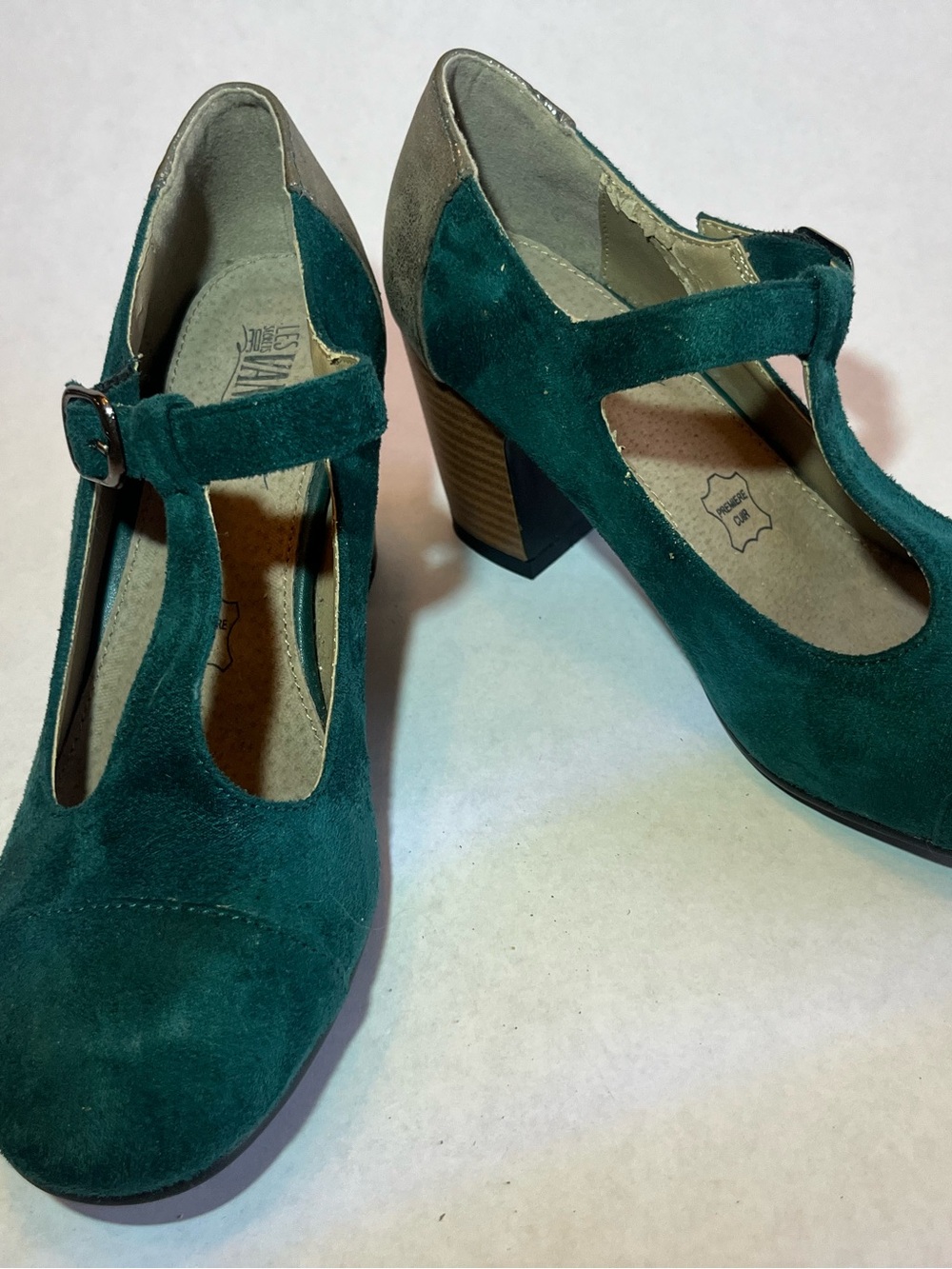 Teal Suede T-Strap Block Heel Pumps - Picture 2 of 7